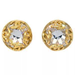 Auth Chanel Gold Button Earrings Clip-On Rhinestone